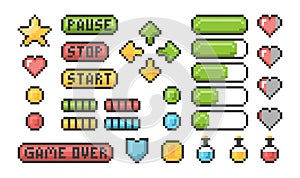 Pixel game icon. Ui web bars and buttons for 8 bit console vector retro elements