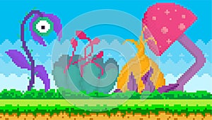 Pixel-game interface abstract layout design. Fantasy glade with pixel alien plants on green grass