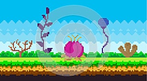 Pixel-game interface abstract layout design. Fantasy glade with pixel alien plants on green grass
