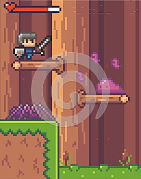Pixel game interface, characters in wood, aggressive mobs attack hero knight at branch, life scale photo