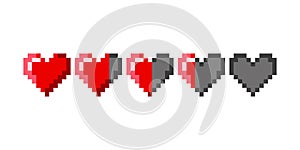 Pixel game life bar. Pixel art 8-bit health heart bar. Damage level. Red hearts. Heart icon design element. Pixel game design. photo