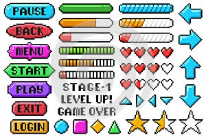 Pixel game menu buttons. Game 8 bit ui controller arrows, level and live bars, menu, stop, play buttons vector