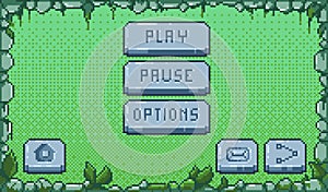 Pixel game menu. Retro video game buttons, 8 bit asset, UI interface elements for mobile. Vector arcade design set.