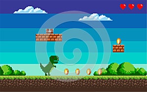 Pixel game, a picture that represents the location in the game, coins and health, trees and bushes, sky and clouds