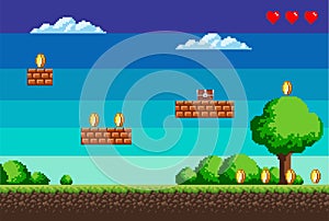 Pixel game, a picture that represents the location in the game, coins and health, trees and bushes, sky and clouds