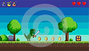 Pixel game, a picture that represents the location in the game, coins and health, trees and bushes, sky and clouds