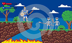 Pixel game. Platform 8-bit video gaming screen with gameplay skeleton enemies and knight player. Arcade adventure