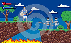 Pixel game. Platform 8-bit video gaming screen with gameplay skeleton enemies and knight player. Arcade adventure photo