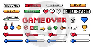 Pixel game UI. 8-bit interface buttons and arrows. Health and mana progress bar. Start or pause, resume and exit icons. Isolated