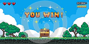 Pixel game win screen. Retro 8 bit video game interface with You Win text, computer game level up background. Vector