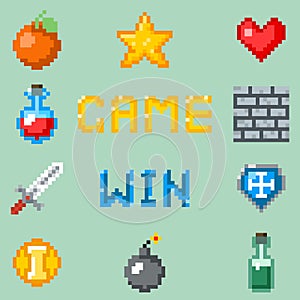 Pixel games icons for web, app or video game interface