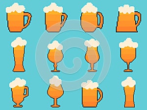 Pixel glasses of beer set isolated on blue background. Beer with foam in glasses. Graphic style of video games from the 90s. 8 bit