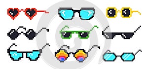 Pixel glasses. Cartoon 8 bit sunglasses, thug life mafia meme prank funny black hipster eyeglasses for gangster rapper