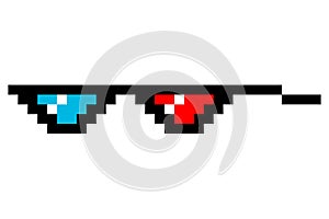 Pixel glasses meme. Like a boss meme. Pixelation, accessory optical fashion. 8 bit funky logo icon. Vector cartoon