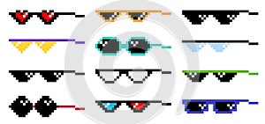 Pixel glasses meme set. Like a boss meme. Pixelation, accessories optical fashion. 8 bit funky logo icon. Vector cartoon
