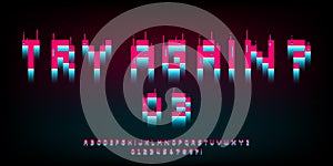 Pixel glitch font. 8 bit distortion letters, numbers and symbols. Retro bright pink and blue game type. Design for