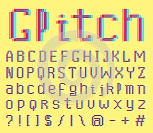 Pixel Glitch font. noise 8-bit symbols. Digital video game style. Letters and numbers. Vintage retro typeface abc. Error