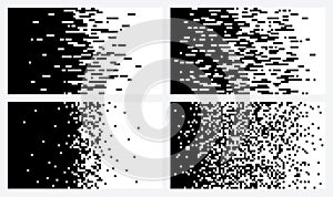 Pixel gradient. Smooth transition from black to white. Random arrangement of black and white squares. Halftone vector texture