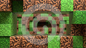 Pixel grass and ground background. The concept of games. 3D Abstract cubes. Depth of field. Concept of games minecraft