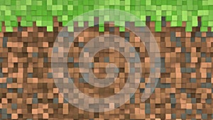 Pixel grass and ground background. The concept of minecraft games. 3D Abstract cubes. Video game geometric mosaic waves pattern.