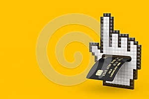 Pixel Hand Cursor Icon with Black Plastic Golden Credit Card with Chip. 3d Rendering