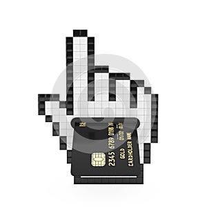 Pixel Hand Cursor Icon with Black Plastic Golden Credit Card with Chip. 3d Rendering