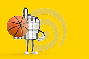 Pixel Hand Cursor Mascot Person Character with Basketball Ball. 3d Rendering