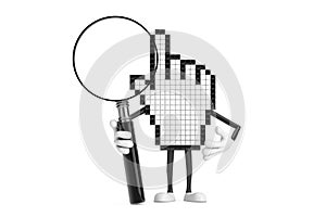 Pixel Hand Cursor Mascot Person Character with Magnifying Glass. 3d Rendering