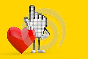 Pixel Hand Cursor Mascot Person Character with Red Heart. 3d Rendering