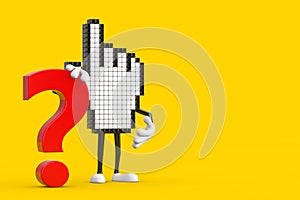 Pixel Hand Cursor Mascot Person Character with Red Question Mark Sign. 3d Rendering