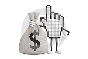 Pixel Hand Cursor Mascot Person Character and Tied Rustic Canvas Linen Money Sack or Money Bag with Dollar Sign. 3d Rendering