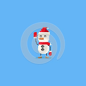 Pixel hand up snowman character.8bit.