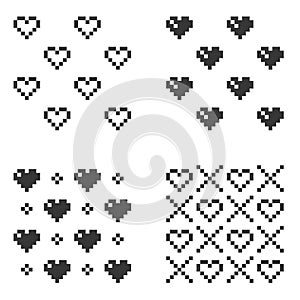 Pixel Heart Seamless Pattern Set on White Background. Vector