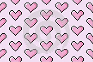 pixel hearts seamless pattern background. Retro pink cute background in minimalist vintage style