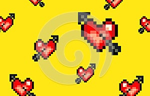 Pixel hearts seamless pattern on yellow background.