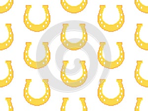 Pixel horseshoes seamless pattern. Happy Saint Patrick\'s Day. Symbol of good luck and happiness 8 bit horseshoe