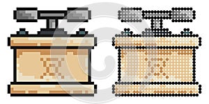 Pixel icon. Box with handles for detonating dynamite charge at mining site. Equipment for pyrotechnics. Simple retro game vector