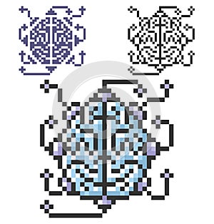 Pixel icon of brain as central processing unit in three variants