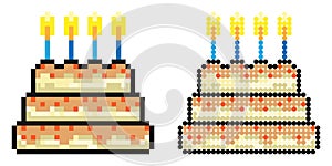 Pixel icon. Celebratory tiered cake with burning candles. Dessert for birthday celebration. Simple retro game vector isolated on