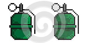 Pixel icon. Combat offensive defensive grenade with ring. Explosive objects, soldier weapon. Simple retro game vector isolated on