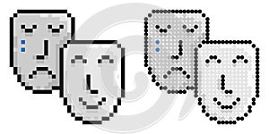 Pixel icon. Comedy and tragic theatrical masks together. Theatrical premieres, circus poster. Simple retro game vector isolated on