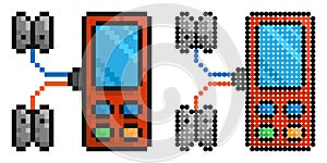 Pixel icon. Digital multimeter, device for measuring current and voltage in electrical circuit. Simple retro game vector isolated