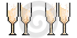 Pixel icon. Glasses with festive sparkling champagne. Cheers with glasses at New Year table. Simple retro game vector isolated on