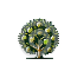 Pixel icon green tree. Tree logo with fruits vector. Pixel apple tree icon. Spring trees. Fruit tree vector icon pixel style