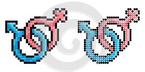 Pixel icon. Male and female gender symbols connected together. Strong union of man and woman. Simple retro game vector isolated on