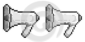 Pixel icon. Megaphone, cinema director loudspeaker. Speeches of speaker at rallies, strikes and meetings. Simple retro game vector