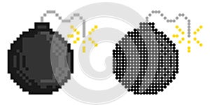 Pixel icon. Metallic round bomb with wick. Offensive and defensive weapons. Simple retro game vector isolated on white background