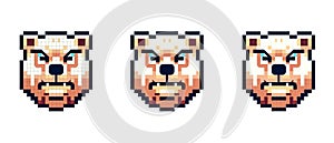 Pixel icon with a portrait of a brown bear that is angry and growls on a white background