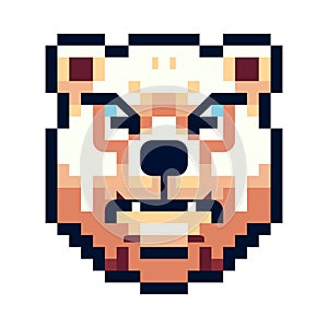 Pixel icon with a portrait of a brown bear that is angry and growls on a white background