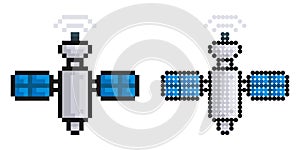 Pixel icon. Satellite fly and transmit communication signal. Satellite communication and GPS navigation. Simple retro game vector